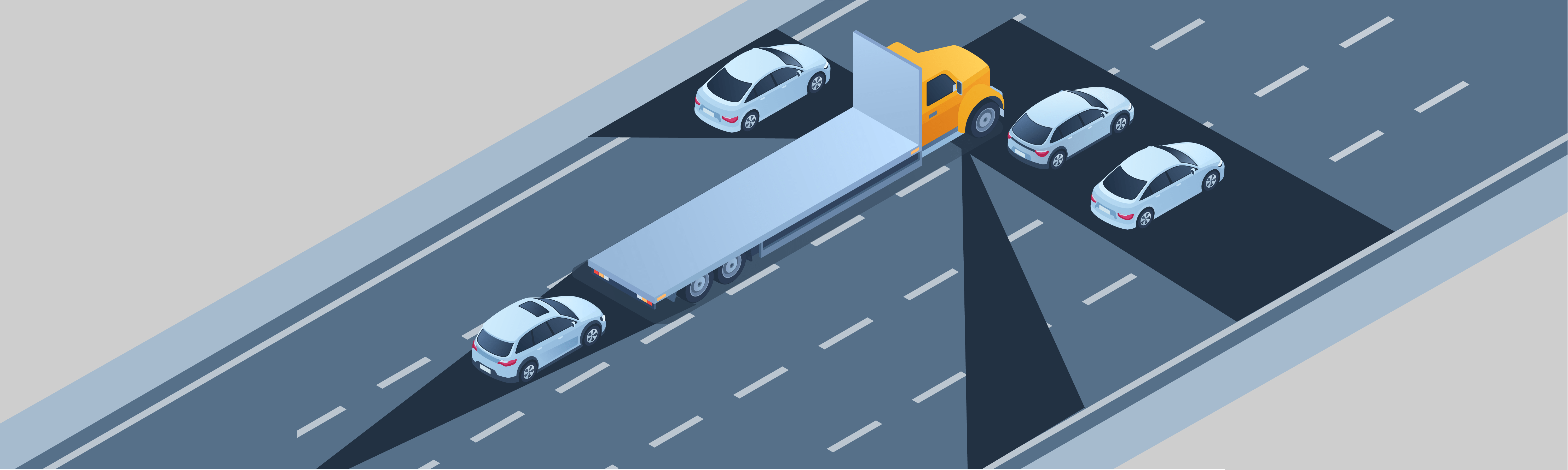 Sharing the road - When compared to regular vehicles, the blind spots of large commercial vehicles are: